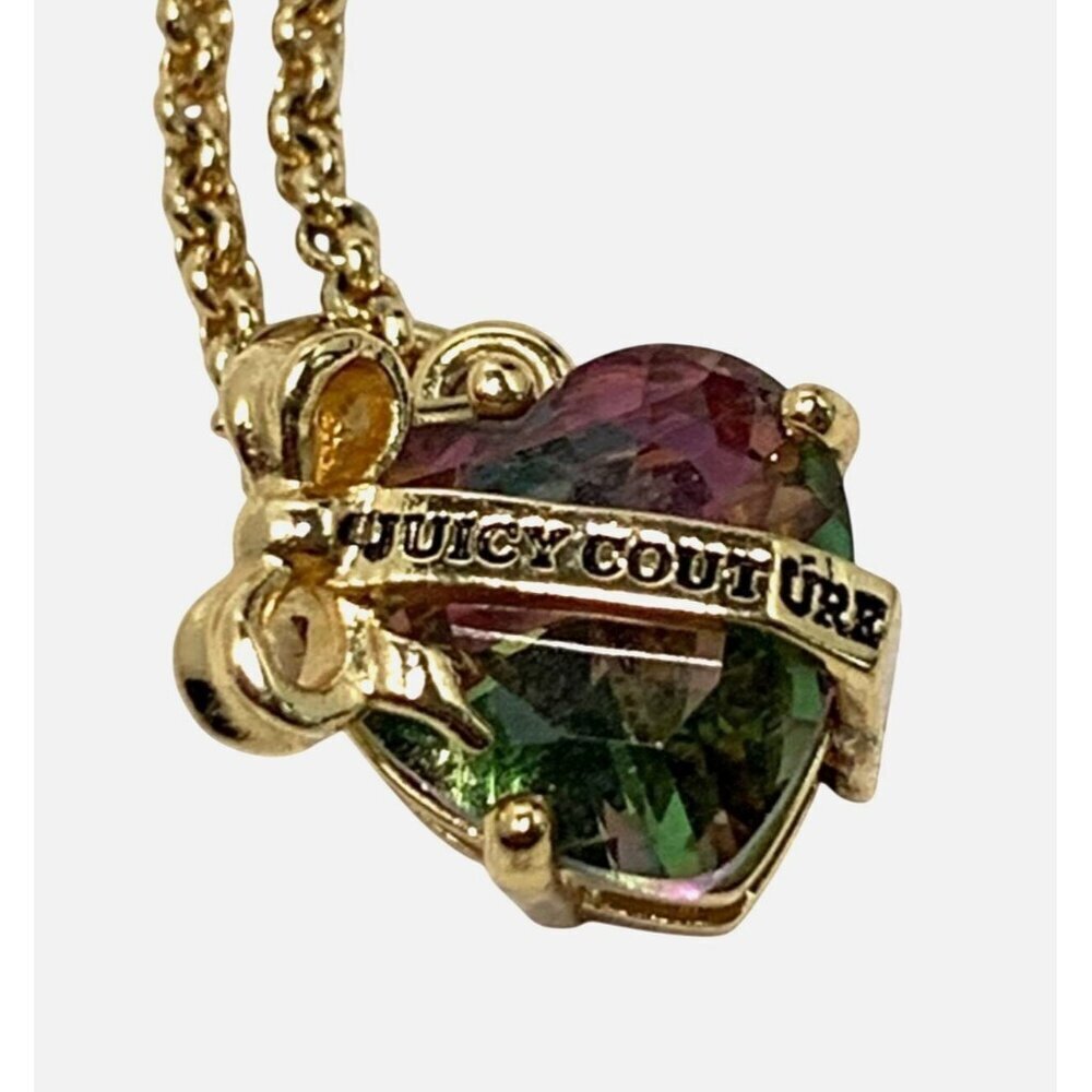 Juicy Couture Crystal Heart Bow Pendant Necklace Gold Tone Chain Lobster Clasp - Picture 2 of 10